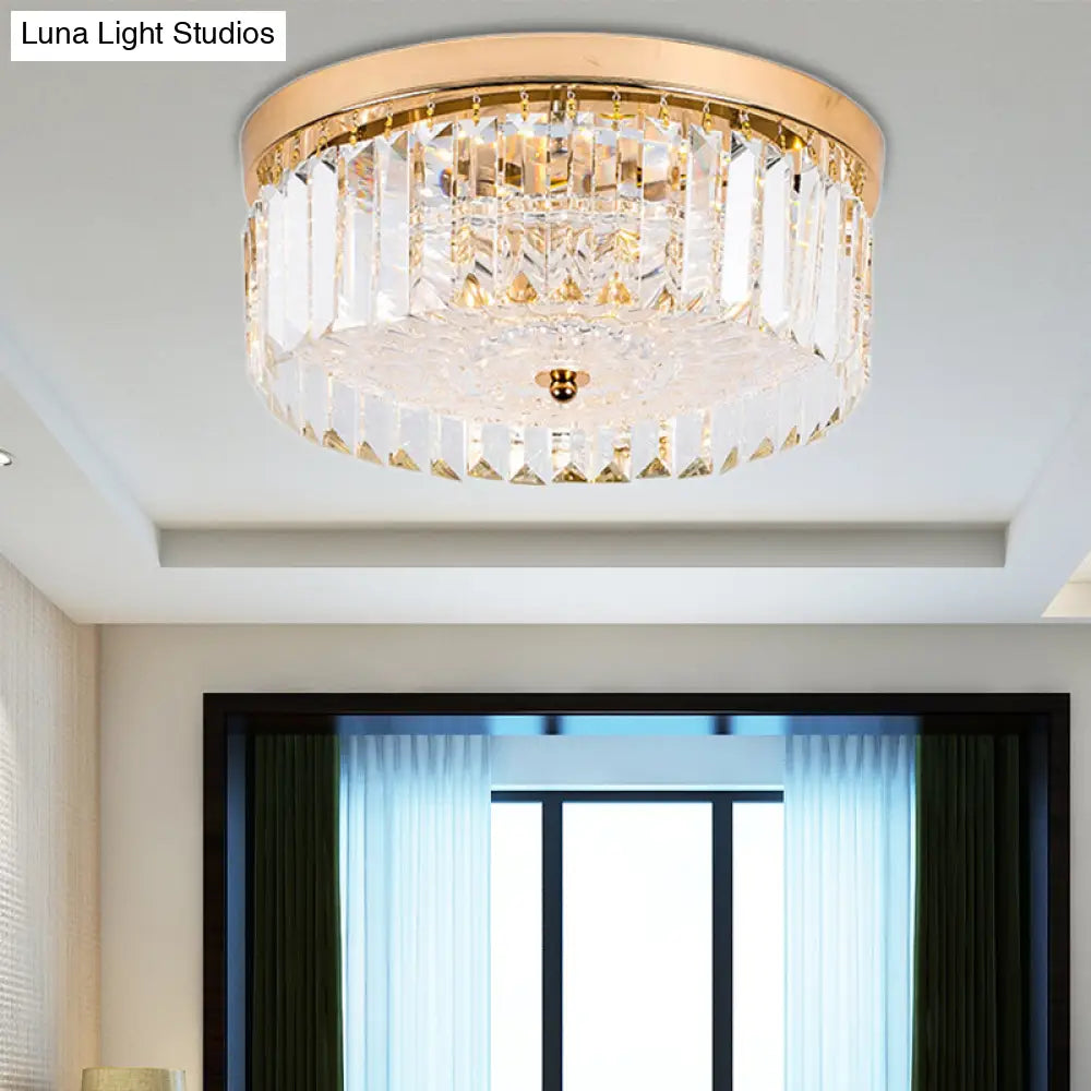 Modernist Metal Flush Mount Lamp With Led Drum Shade And Crystal Prism In Gold Finish - 14’/18’ Wide