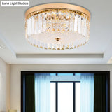 Modernist Metal Flush Mount Lamp With Led Drum Shade And Crystal Prism In Gold Finish - 14’/18’ Wide