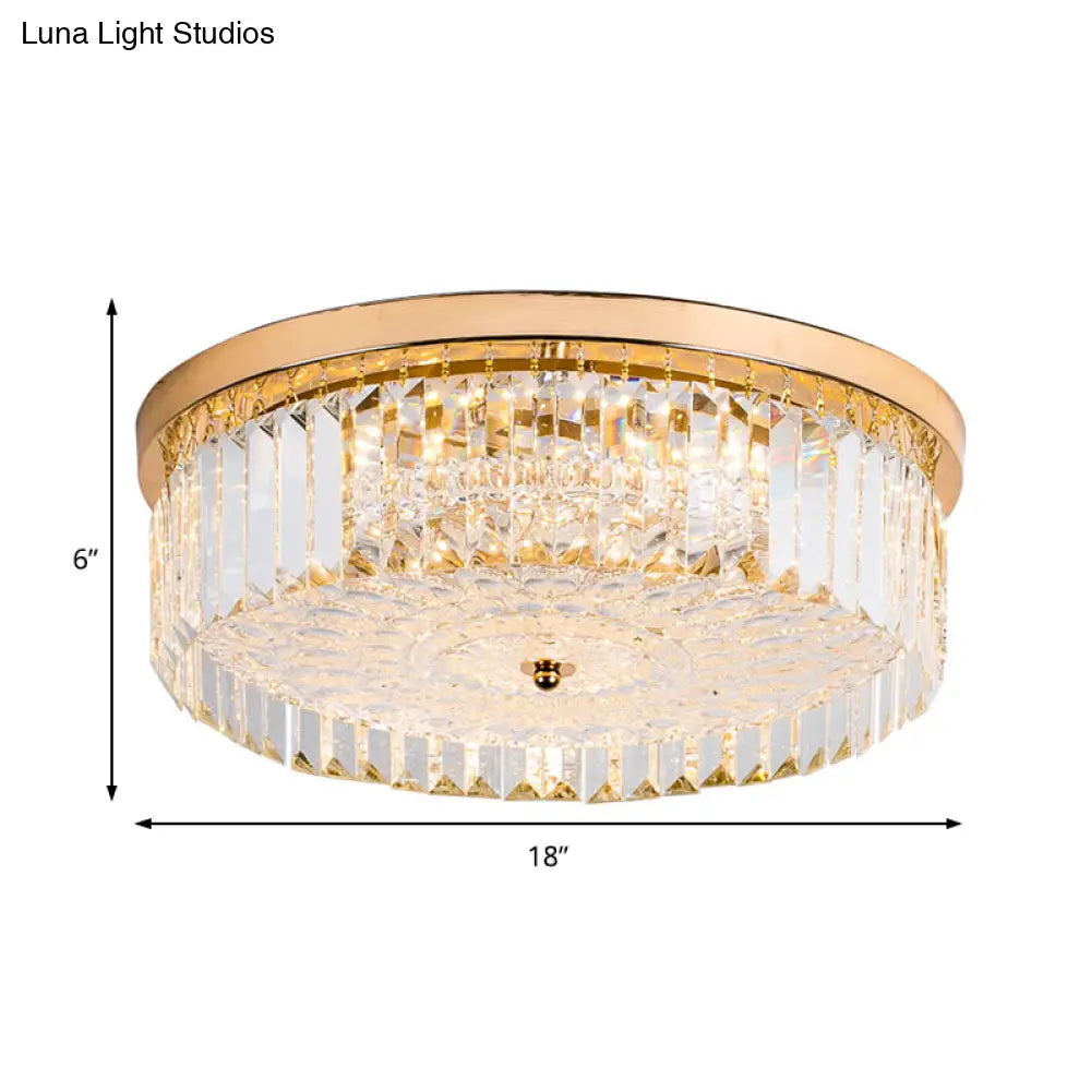 Modernist Metal Flush Mount Lamp With Led Drum Shade And Crystal Prism In Gold Finish - 14’/18’ Wide