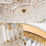 Modernist Metal Flush Mount Lamp With Led Drum Shade And Crystal Prism In Gold Finish - 14’/18’ Wide