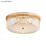 Modernist Metal Flush Mount Lamp With Led Drum Shade And Crystal Prism In Gold Finish - 14’/18’ Wide