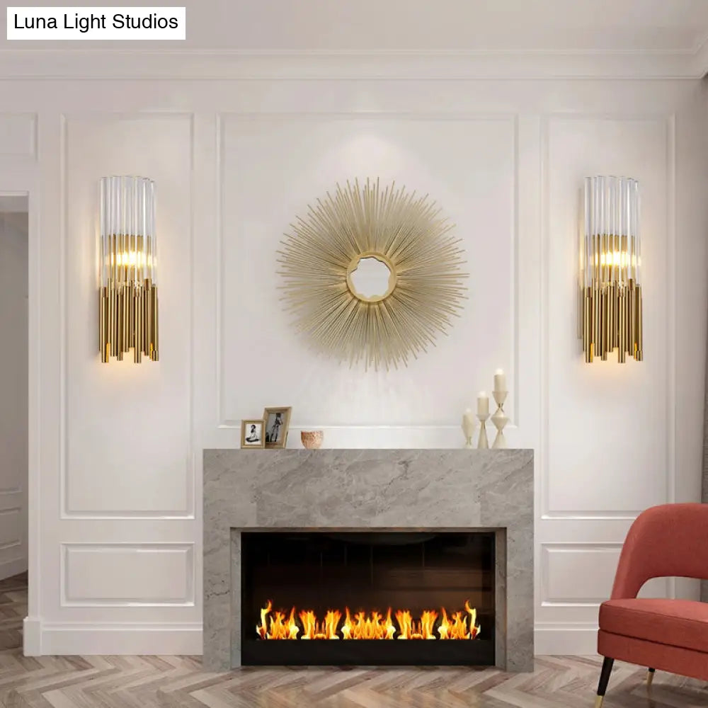 Modernist Metal Led Wall Sconce Light With Crystal Prism: Cylinder Fixture In Brass/Gold