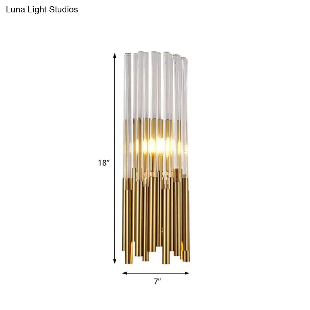 Modernist Metal Led Wall Sconce Light With Crystal Prism: Cylinder Fixture In Brass/Gold
