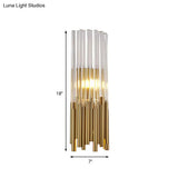 Modernist Metal Led Wall Sconce Light With Crystal Prism: Cylinder Fixture In Brass/Gold