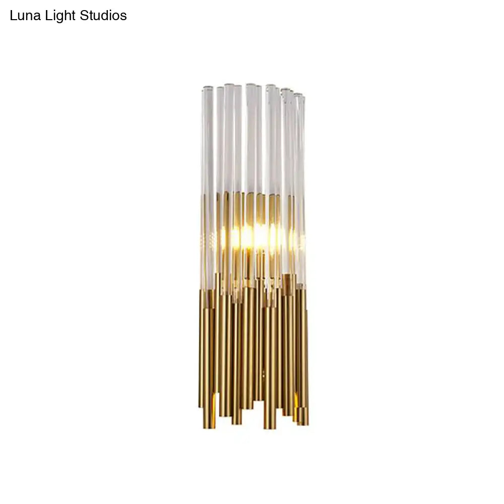 Modernist Metal Led Wall Sconce Light With Crystal Prism: Cylinder Fixture In Brass/Gold