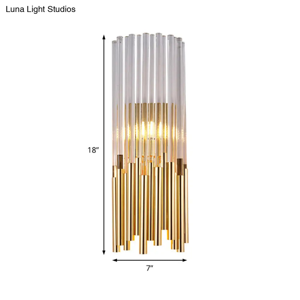 Modernist Metal Led Wall Sconce Light With Crystal Prism: Cylinder Fixture In Brass/Gold