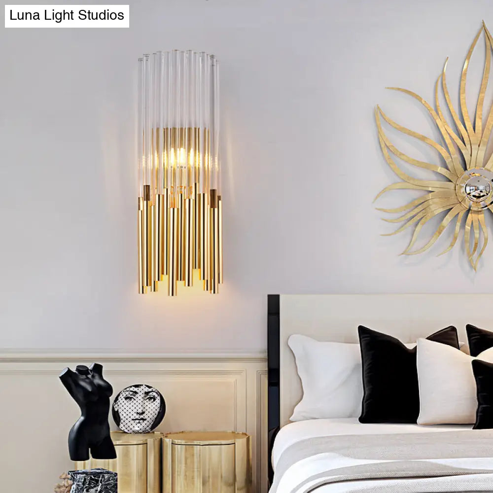 Modernist Metal Led Wall Sconce Light With Crystal Prism: Cylinder Fixture In Brass/Gold