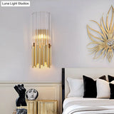 Modernist Metal Led Wall Sconce Light With Crystal Prism: Cylinder Fixture In Brass/Gold