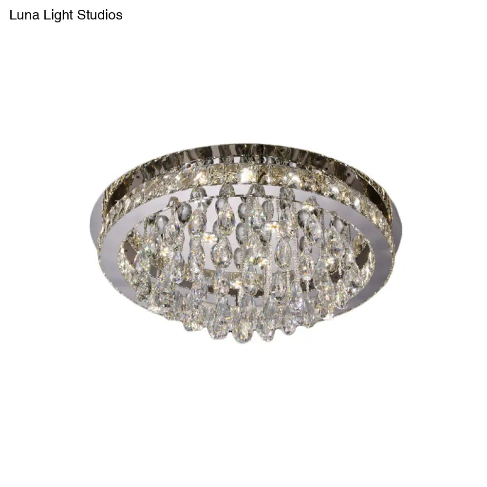 Modernist Nickel Led Ceiling Flush Light With Crystal-Encrusted Beveled Cut Circles And Drops