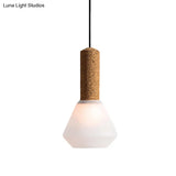 Modernist Pendant Light With Wood Diamond Design And Textured White/Smoke Gray Glass Shade