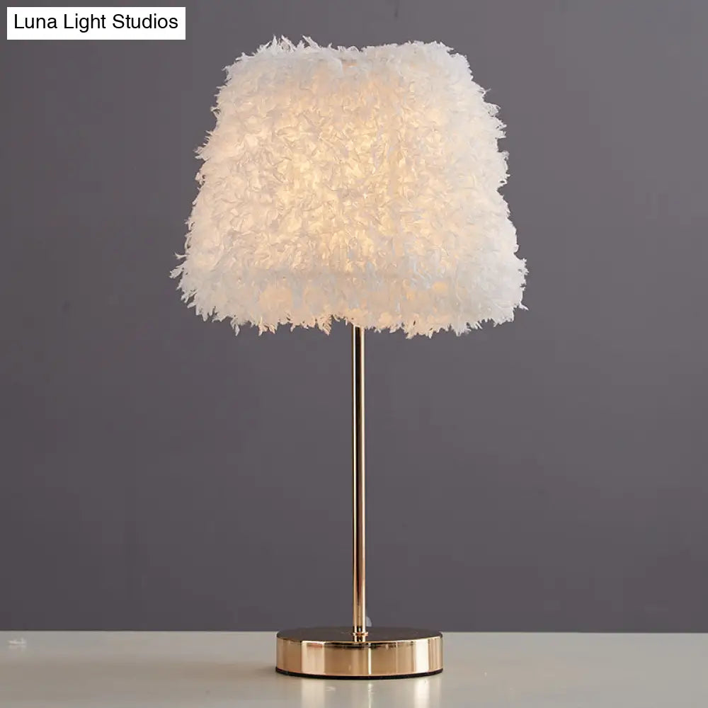 Modernist Pink/White Feather Nightstand Lamp With Gold Base - 1-Head Reading Light