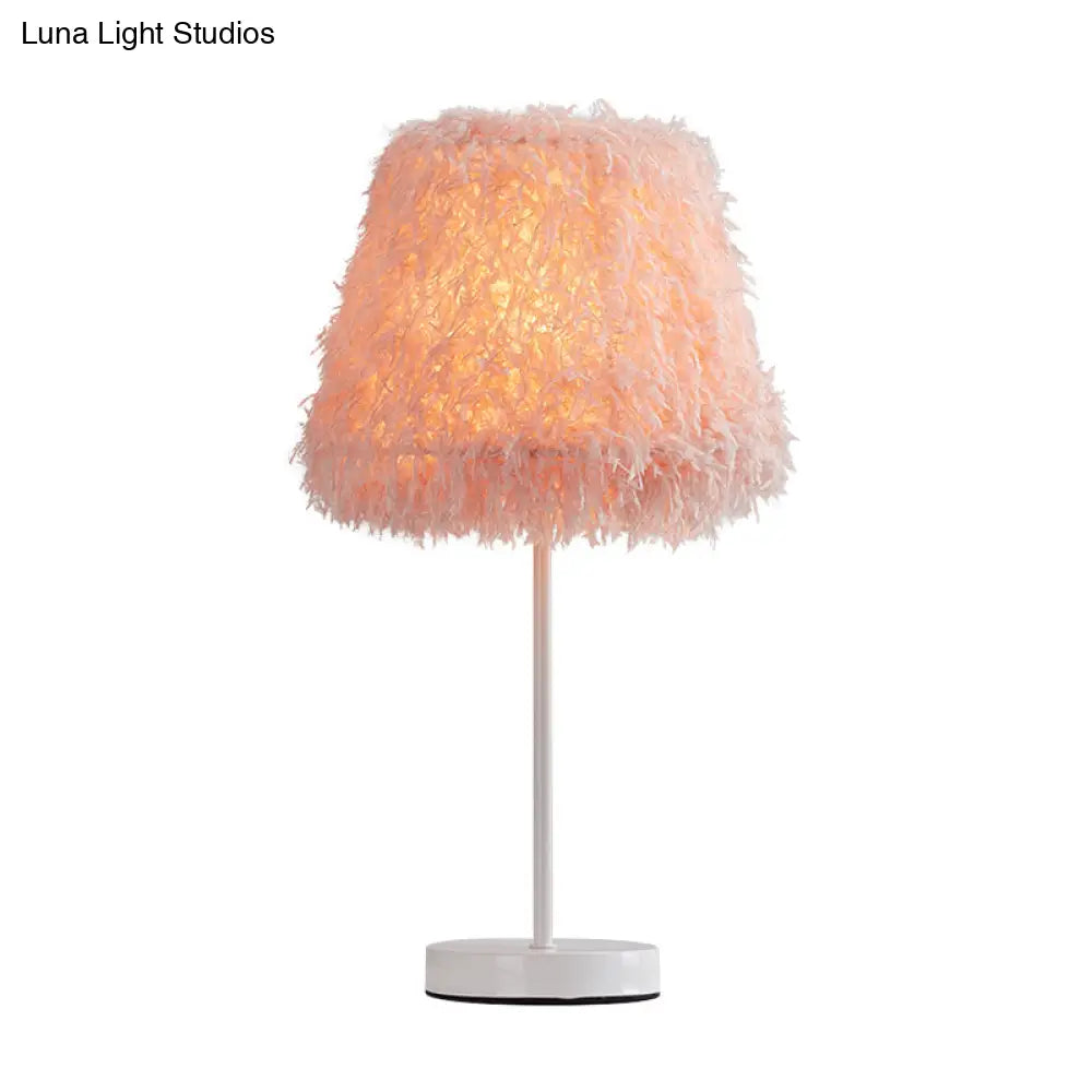 Modernist Pink/White Feather Nightstand Lamp With Gold Base - 1-Head Reading Light