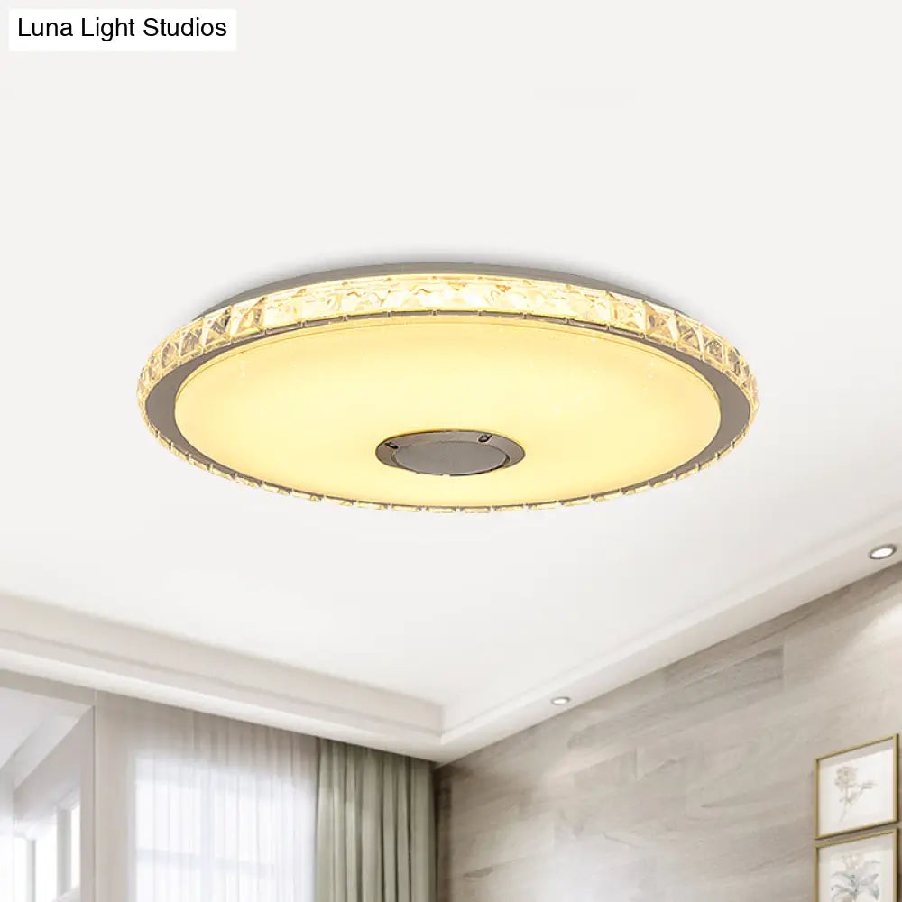 Modernist Slim Round Flush Mount Crystal Block Led Ceiling Fixture In Chrome - 16’/19.5’ W For
