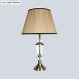 Modernist Small Beige Desk Lamp With Fabric Barrel Shade - Ideal Bedside Table Light