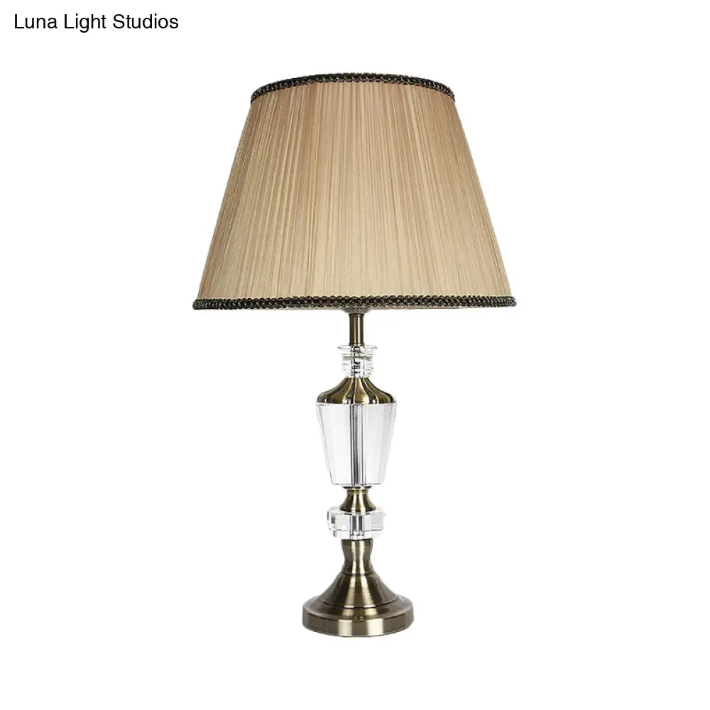 Modernist Small Beige Desk Lamp With Fabric Barrel Shade - Ideal Bedside Table Light