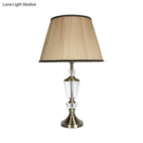 Modernist Small Beige Desk Lamp With Fabric Barrel Shade - Ideal Bedside Table Light