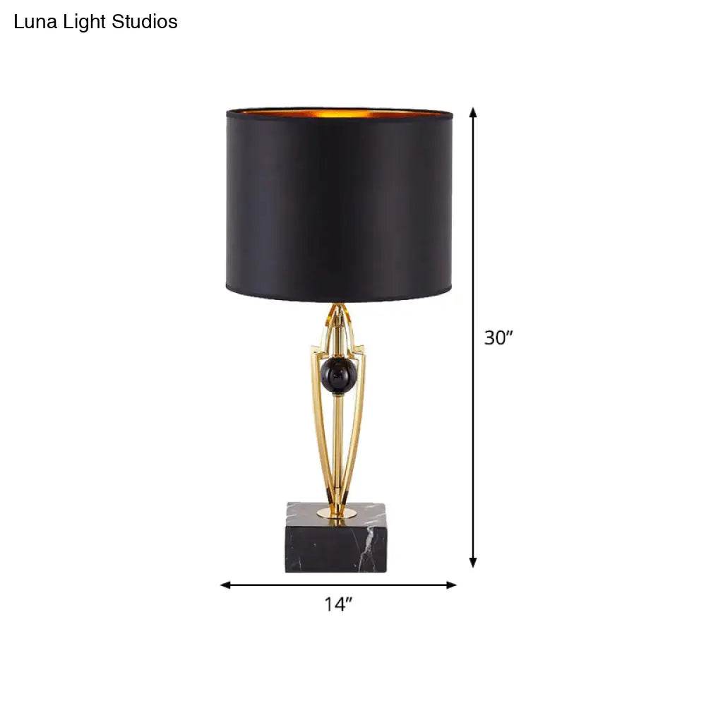 Modernist Small Black Desk Lamp With Marble Base - Fabric Drum Task Light For Efficient Lighting