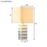 Modernist Small White Desk Lamp - Square Fabric Task Lighting For Living Room