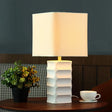 Modernist Small White Desk Lamp - Square Fabric Task Lighting For Living Room