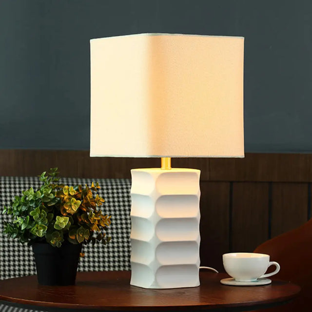 Modernist Small White Desk Lamp - Square Fabric Task Lighting For Living Room