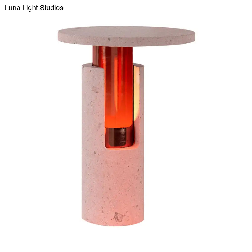 Modernist Stone Cylinder Nightstand Lamp In Pink - Perfect Bedside Reading Light