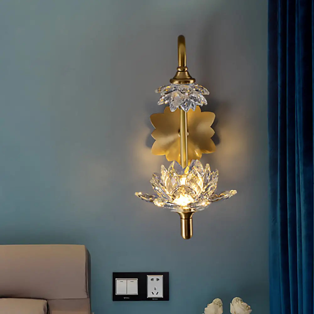 Modernist Style Brass Finish Wall Sconce With Crystal Shade - Lotus Clear