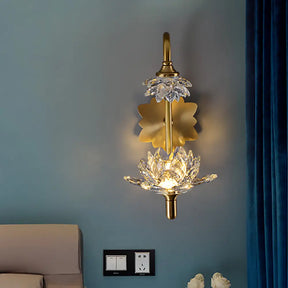 Modernist Style Brass Finish Wall Sconce With Crystal Shade - Lotus Clear