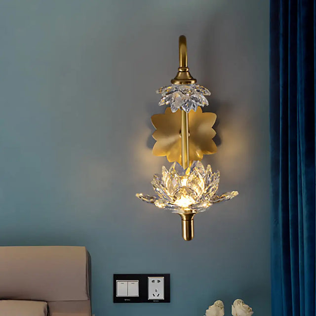 Modernist Style Brass Finish Wall Sconce With Crystal Shade - Lotus Clear
