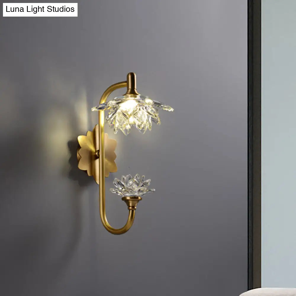 Modernist Style Brass Finish Wall Sconce With Crystal Shade - Lotus Clear