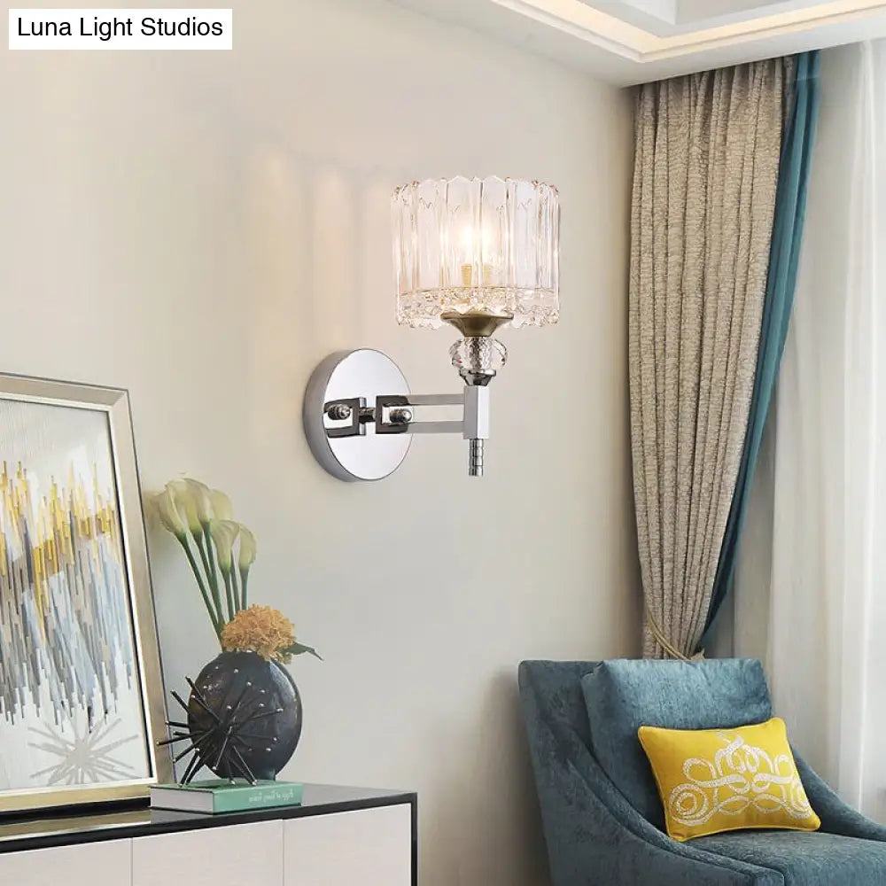 Modernist Style Clear Glass Wall Light Sconce With Crystal Deco In Chrome Finish - 1 Bulb