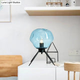 Modernist Tripod Desk Light With Dimpled Glass Shade - Black Blue/Cognac