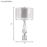 Modernist White Fabric Desk Light With Crystal Base - 1 Bulb Night Table Lamp