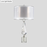 Modernist White Fabric Desk Light With Crystal Base - 1 Bulb Night Table Lamp