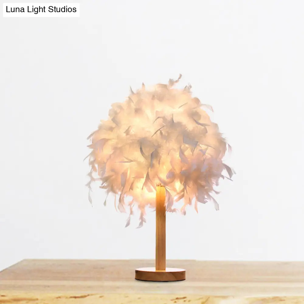 Modernist White Feather Desk Lamp With Wood Base - 1 Light Fabric Shade Night Table