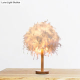 Modernist White Feather Desk Lamp With Wood Base - 1 Light Fabric Shade Night Table