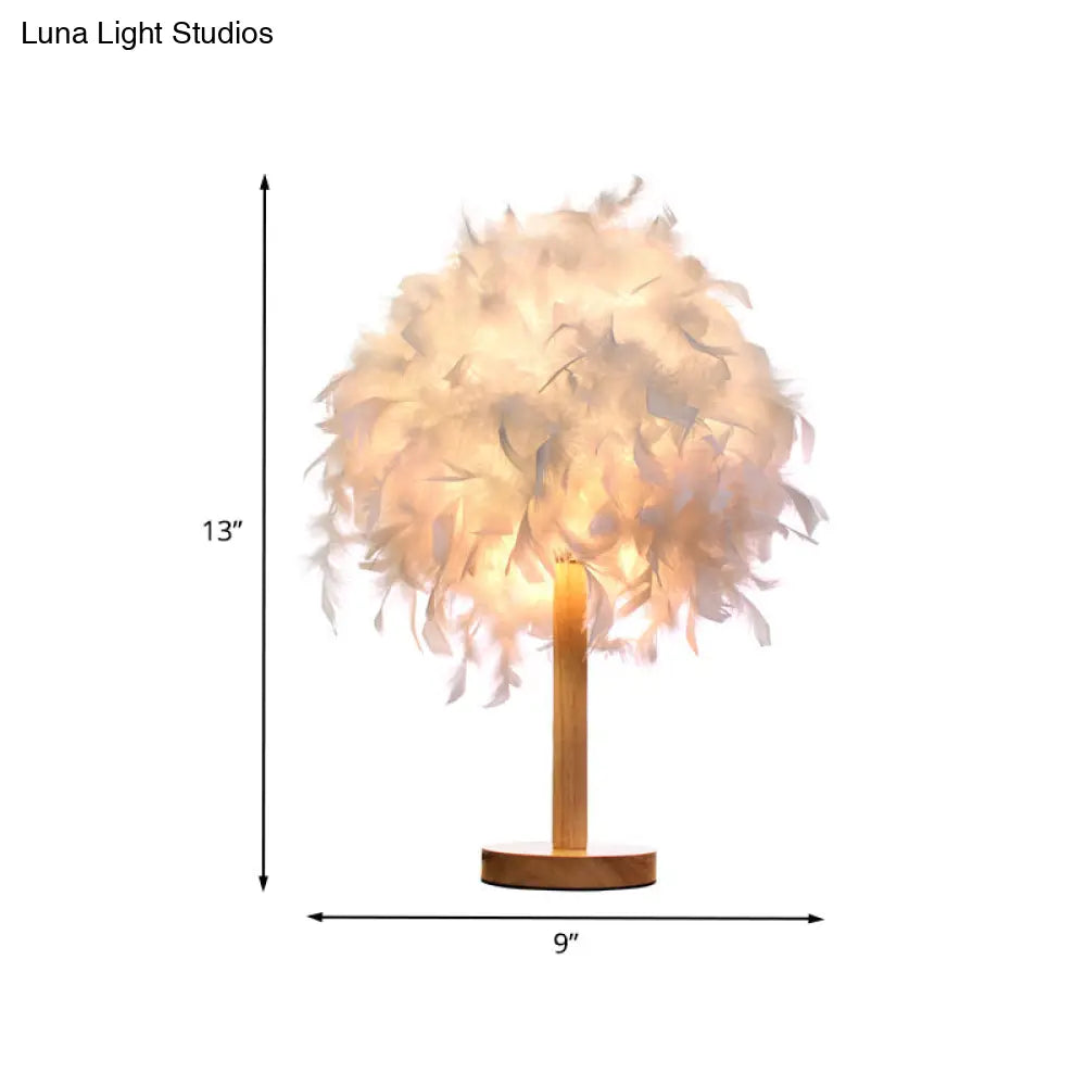 Modernist White Feather Desk Lamp With Wood Base - 1 Light Fabric Shade Night Table