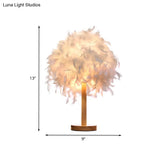 Modernist White Feather Desk Lamp With Wood Base - 1 Light Fabric Shade Night Table