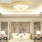 Modernist White Glass And Clear Crystal Led Flush Pendant Light For Bedroom - 12’/16’ Diameter
