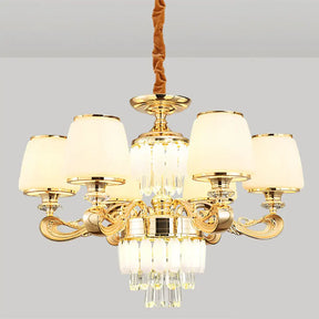 Modernist White Glass Suspension Pendant Light With Crystal Draping - Bucket Chandelier Lamp 6 /