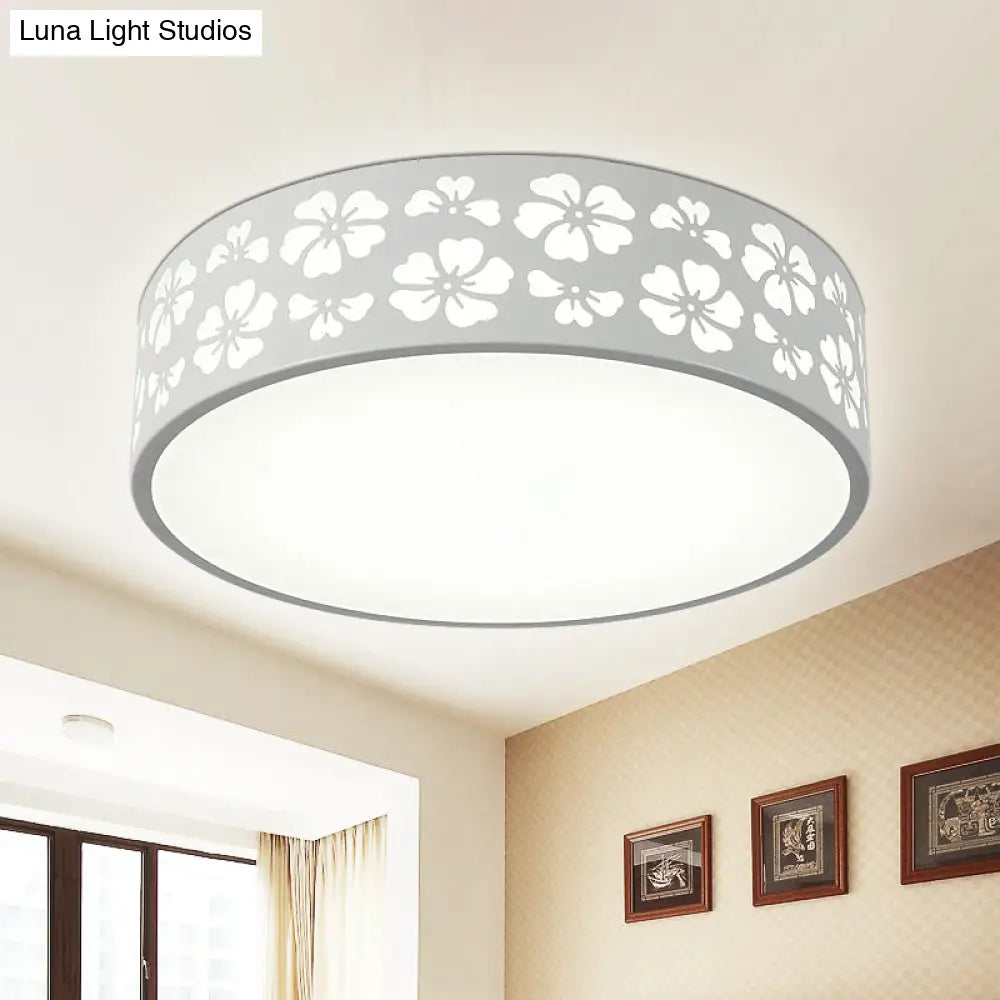 Modernist White Led Flush - Mount Iron Carved Drum Ceiling Light With Recessed Diffuser