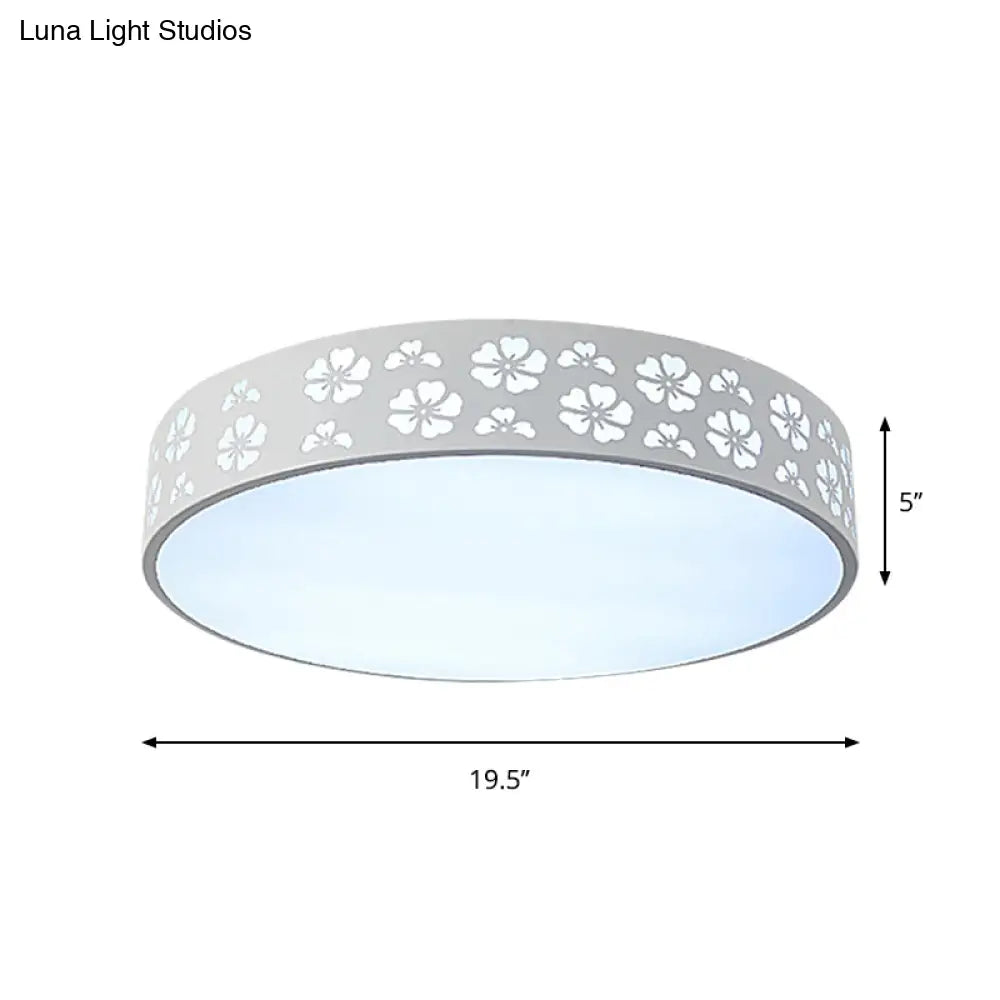 Modernist White Led Flush - Mount Iron Carved Drum Ceiling Light With Recessed Diffuser