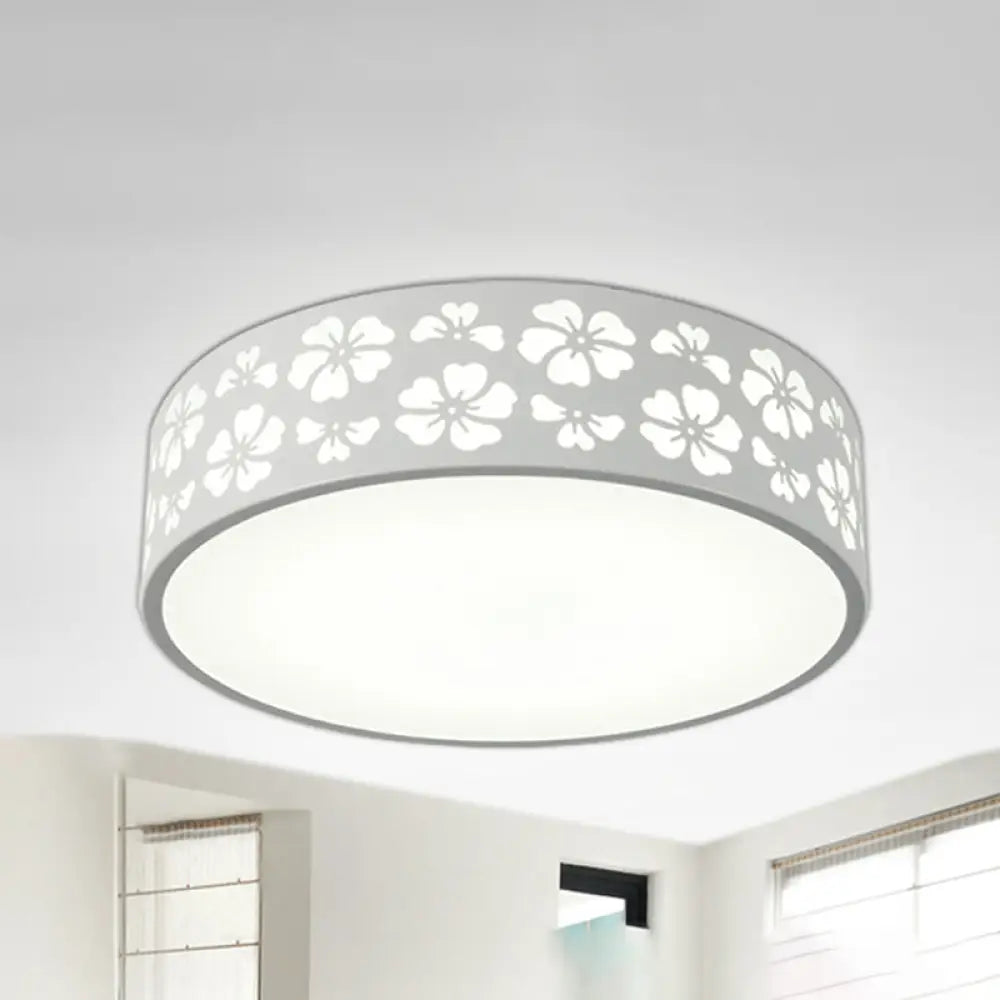 Modernist White Led Flush - Mount Iron Carved Drum Ceiling Light With Recessed Diffuser