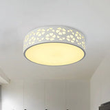 Modernist White Led Flush - Mount Iron Carved Drum Ceiling Light With Recessed Diffuser