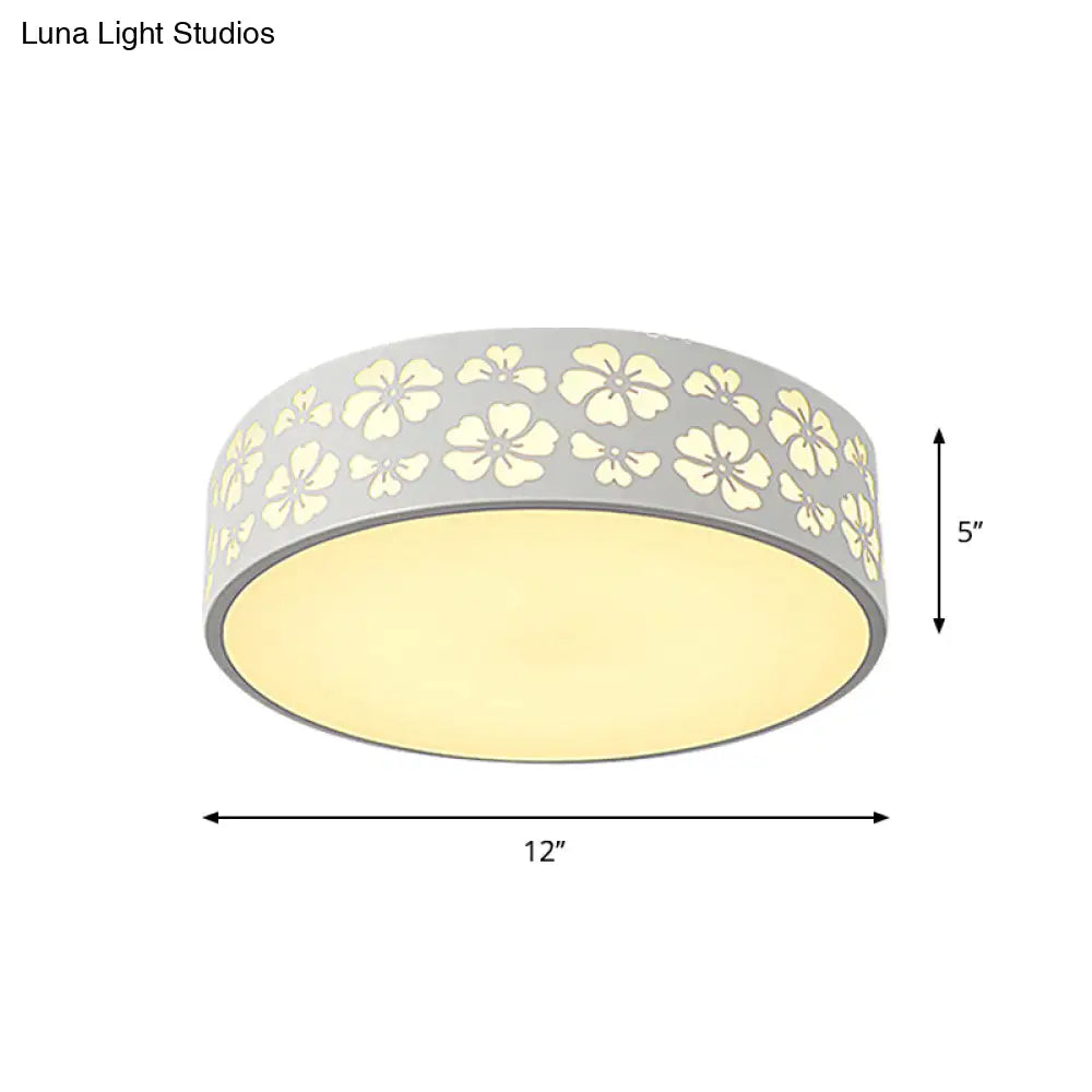 Modernist White Led Flush - Mount Iron Carved Drum Ceiling Light With Recessed Diffuser