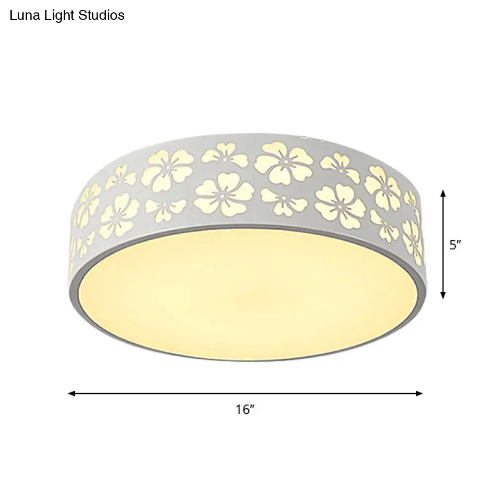 Modernist White Led Flush - Mount Iron Carved Drum Ceiling Light With Recessed Diffuser