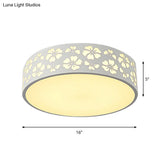 Modernist White Led Flush - Mount Iron Carved Drum Ceiling Light With Recessed Diffuser