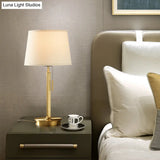 Modernist White Table Lamp With Pull Chain - Barrel Fabric Shade 1-Head Nightstand Light