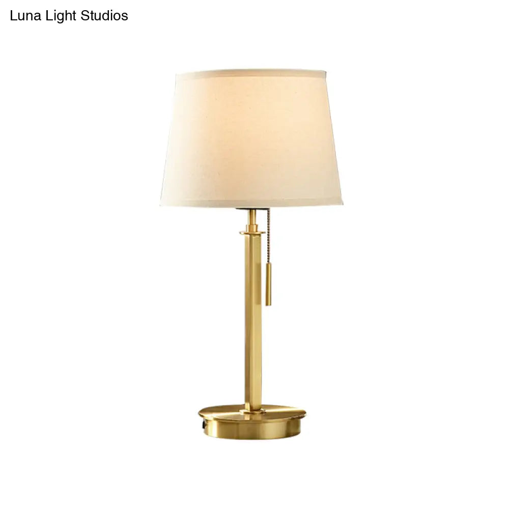 Modernist White Table Lamp With Pull Chain - Barrel Fabric Shade 1-Head Nightstand Light