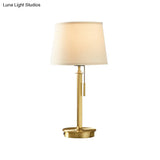 Modernist White Table Lamp With Pull Chain - Barrel Fabric Shade 1-Head Nightstand Light