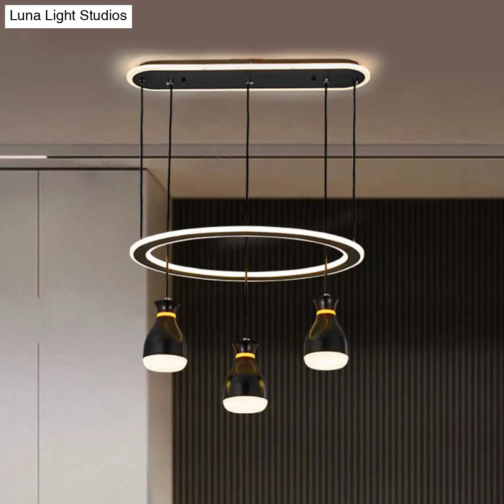 Modernist Wine Jar Led Pendant Light - Black Acrylic 3 Lights Dining Room Lamp With Loop Detail